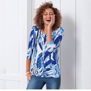 Chico's Blue and White 💯 linen Blouse with Relaxed V-Neck